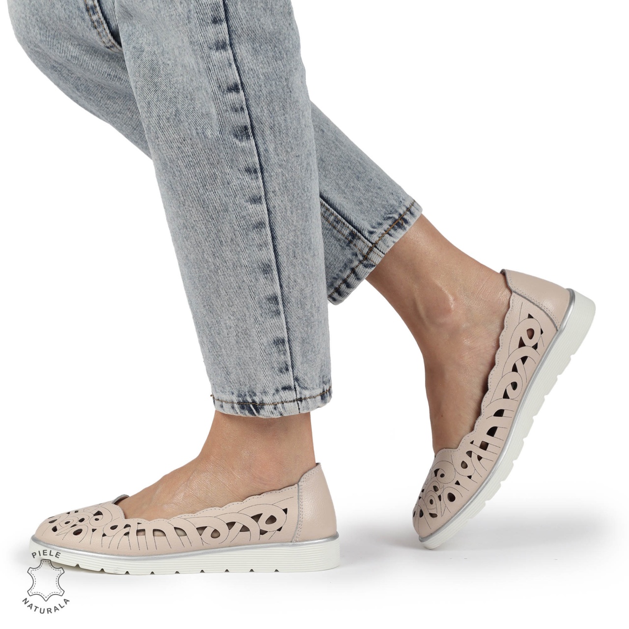 BALERINI dama din Piele naturala PERFORATA SLIP-ON CRL1357 ROZ
