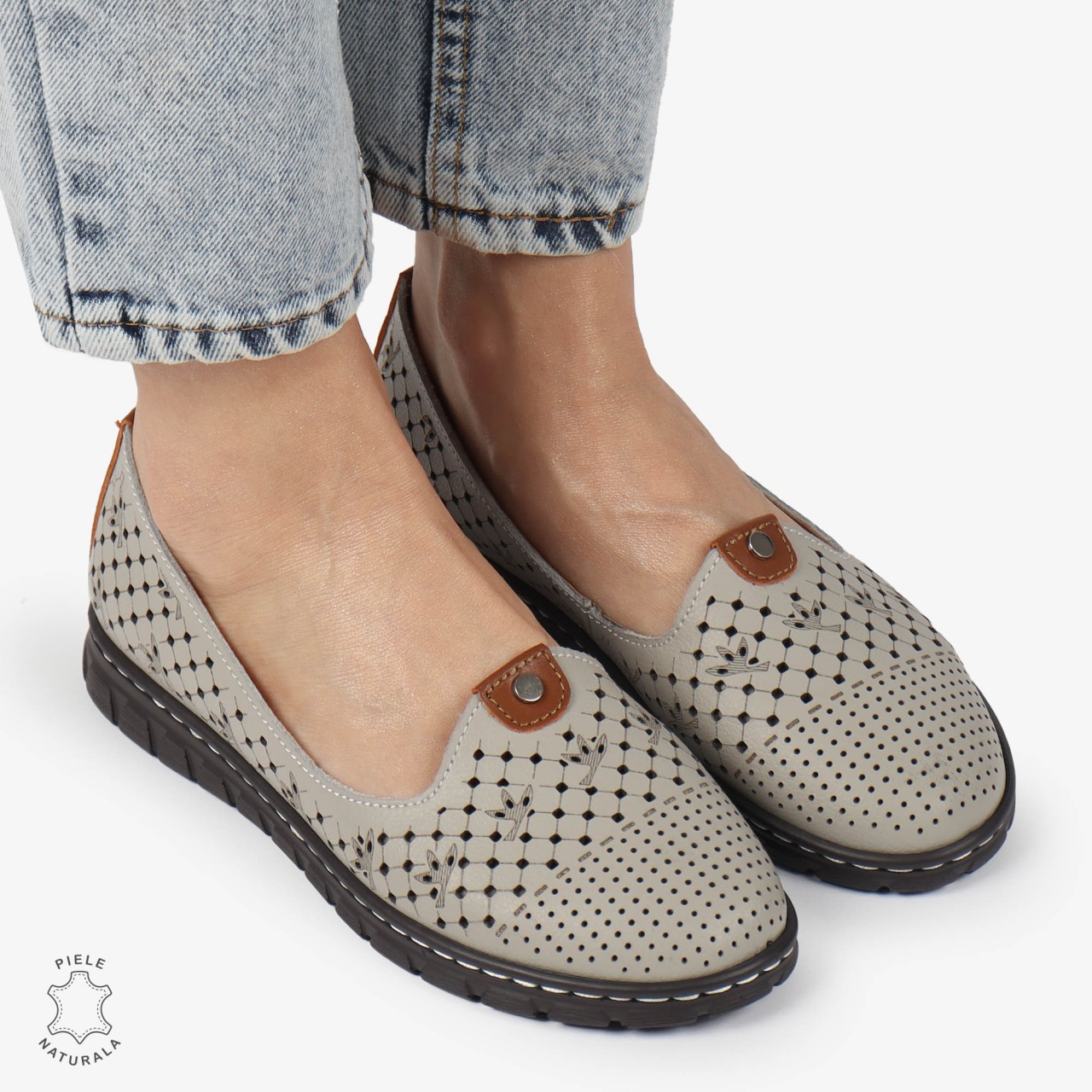 BALERINI dama din Piele naturala PERFORATA SLIP-ON CRL1359 GRI