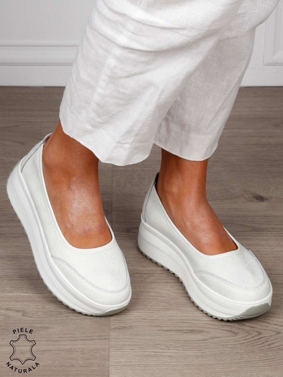 Balerini dama din Piele Naturala slip-on CRL1544 ALB