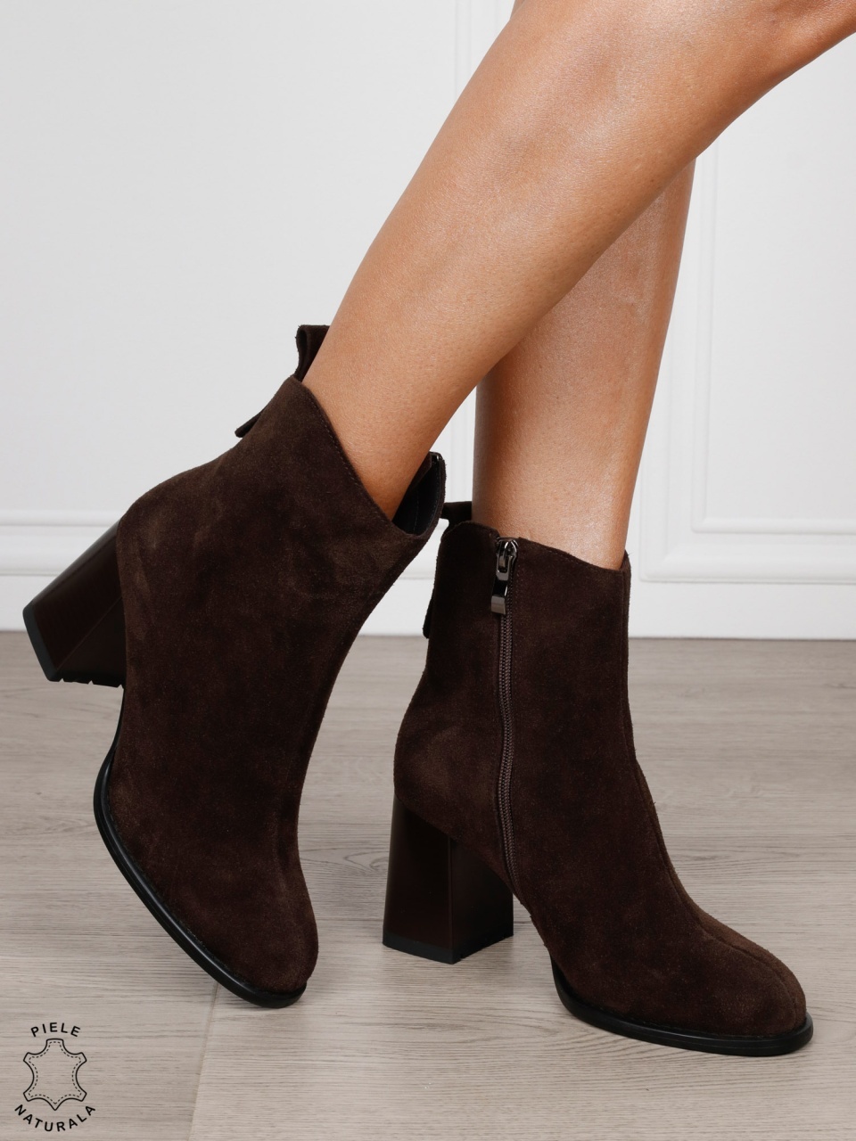 Botine DAMA din PIELE NATURALA CU TOC GROS CRL1497 CAFENIU