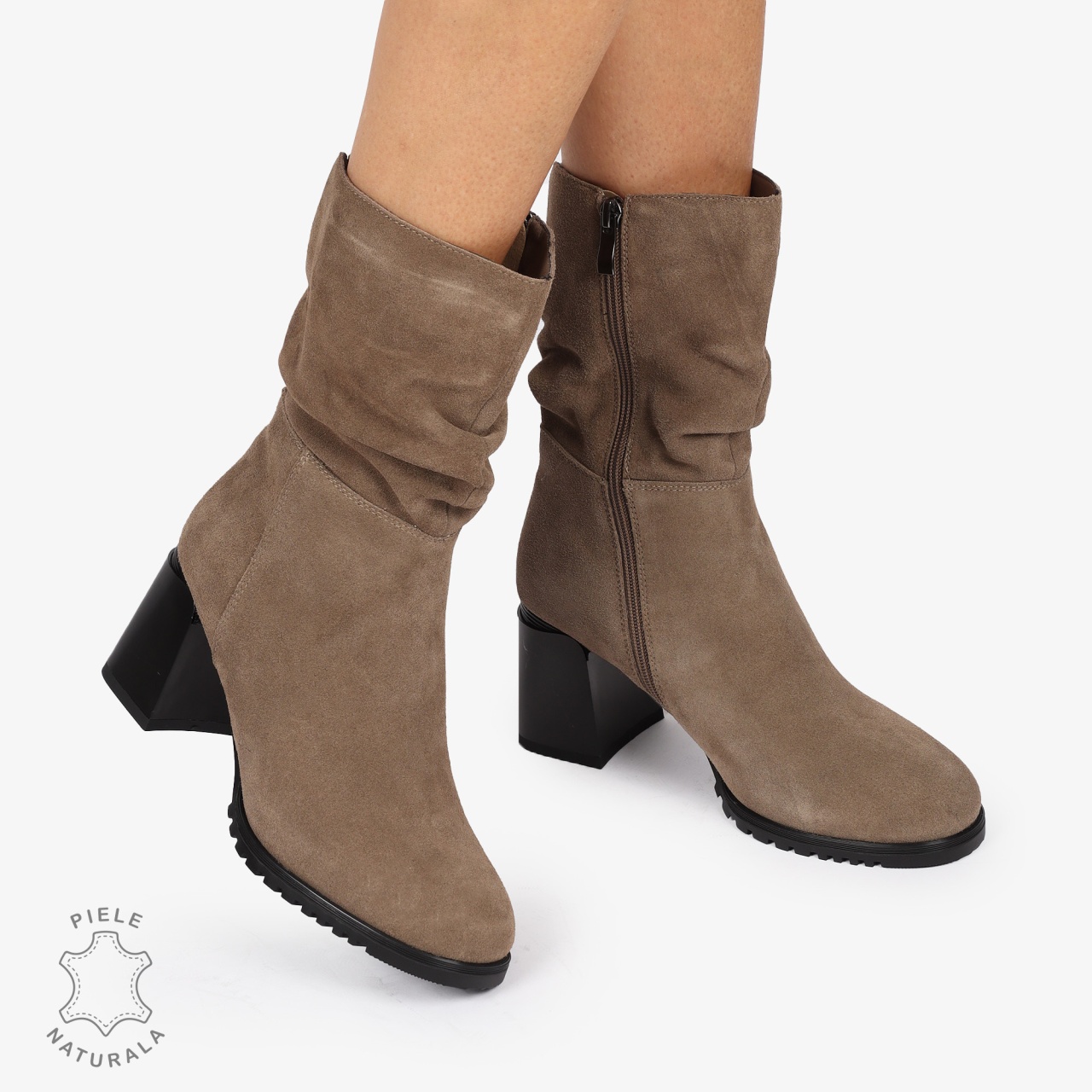 Cizme Dama din Piele Naturală Intoarsa cu toc Gros CRL1246 Khaki