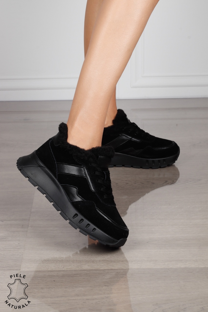 GHETE DAMA din PIELE Naturala Combinata cu Piele intoarsa CRL1525 NEGRU