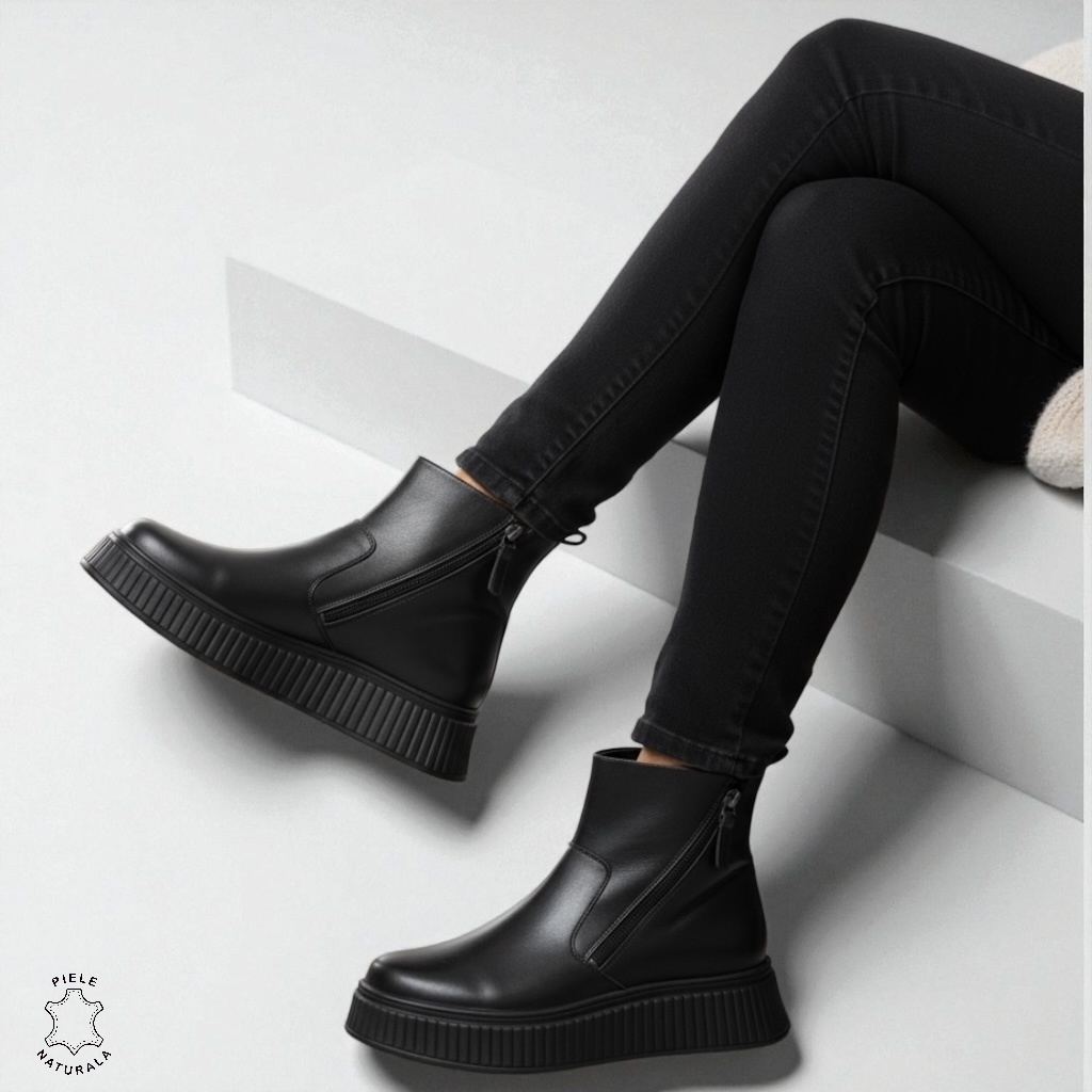 GHETE DAMA din PIELE Naturala cu talpa groasa cu dublu fermoar CRL1533NEGRU