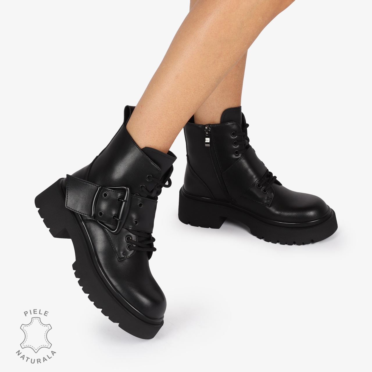 GHETE DAMA PIELE NATURALA cu Varf rotund si Detaliu Lateral CRL1247 NEGRU