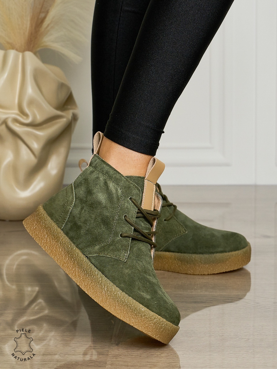 Ghete Dama Piele Naturala INTOARSA IMBLANITE CRL1457 VERDE INCHIS