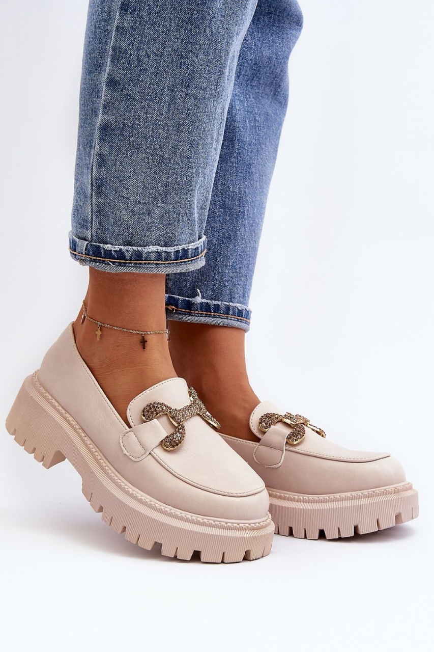 Mocasini DAMA din PIELE ECOLOGICA CU DETALIU AURIU CRL0975 CULOARE: Bej