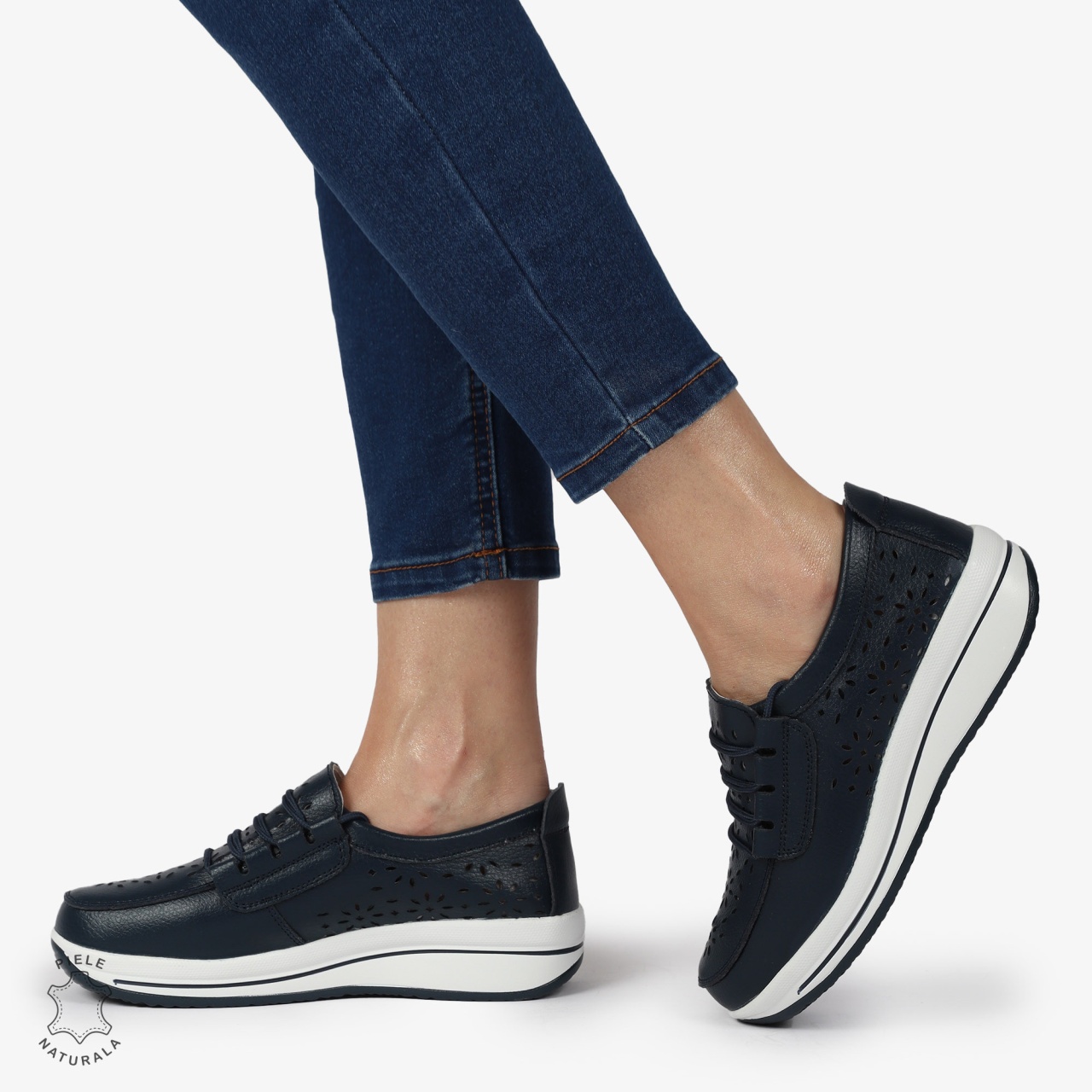 Mocasini dama din Piele Naturala Perforati CRL1364 NAVY