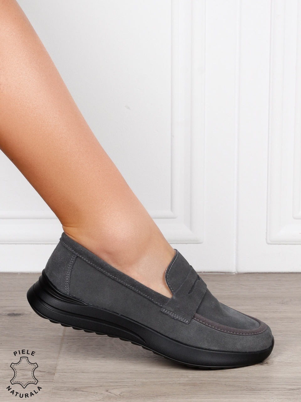 MOCASINI Dama Piele Naturala intoarsa cu design clasic CRL1598 GRI INCHIS