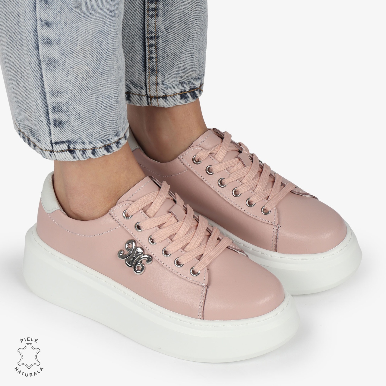 PANTOFI CASUAL dama din Piele naturala CU CATARAMA LATERALA SIRET CRL1347 ROZ
