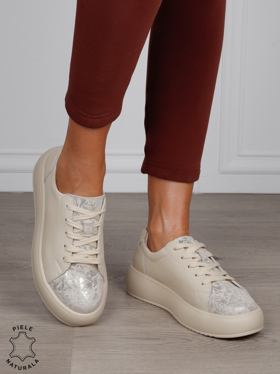 Pantofi Casual damă din piele naturală cu talpa inalta CRL1571 BEJ