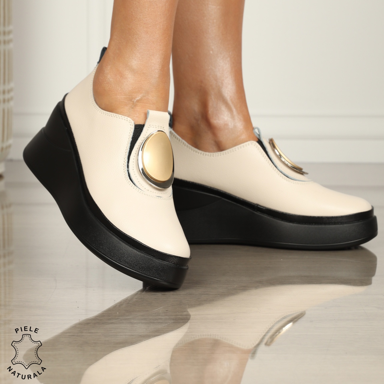 PANTOFI CASUAL DAMA Piele Naturala Slip-on cu deatliu in fata CRL1443 BEJ