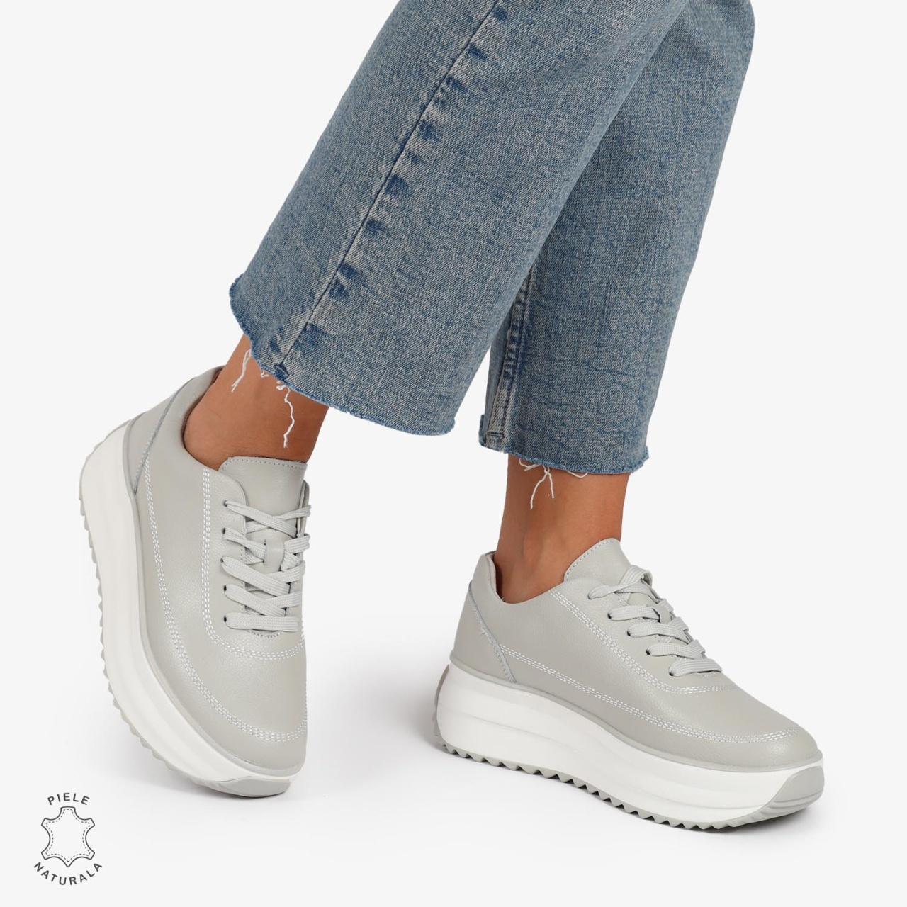 Pantofi Casual de dama din Piele Naturala cu talpa Inalta CRL1201Gri