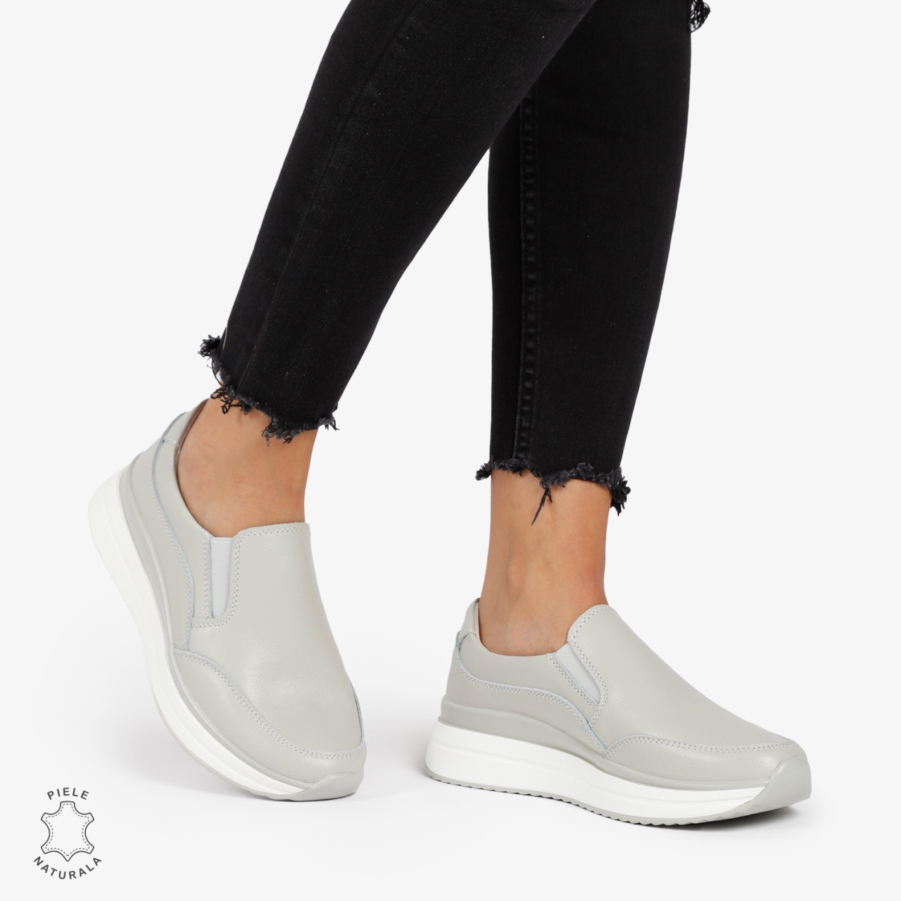 Pantofi Casual de dama din Piele Naturala Slip-On CRL1204 GRI