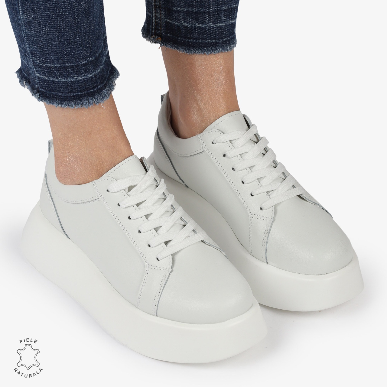 Pantofi casual piele naturala cu talpa inalta CRL881 ALB