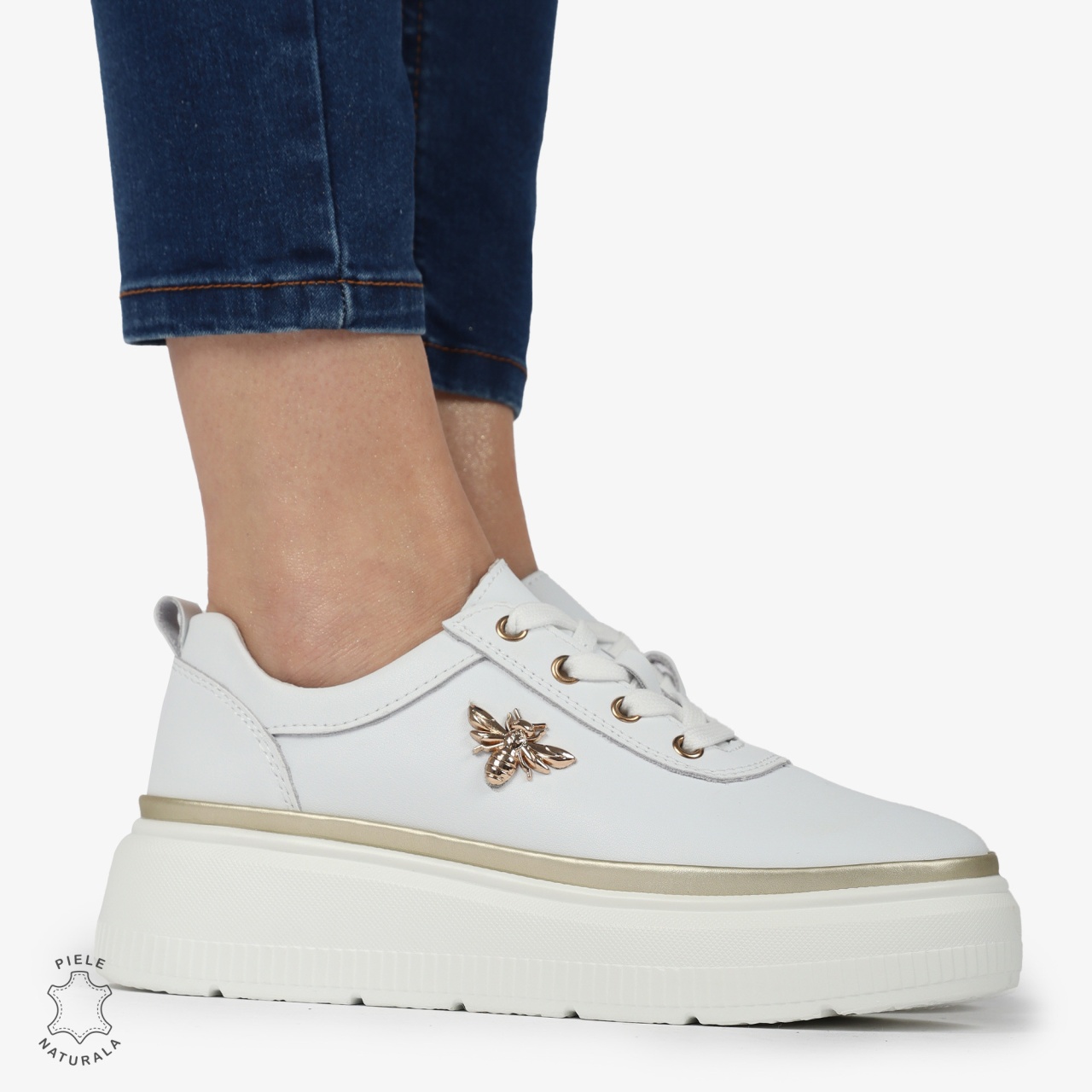 Pantofi DAMA CASUAL din piele naturală CU DETALIU FLUTURE CRL1376 ALB