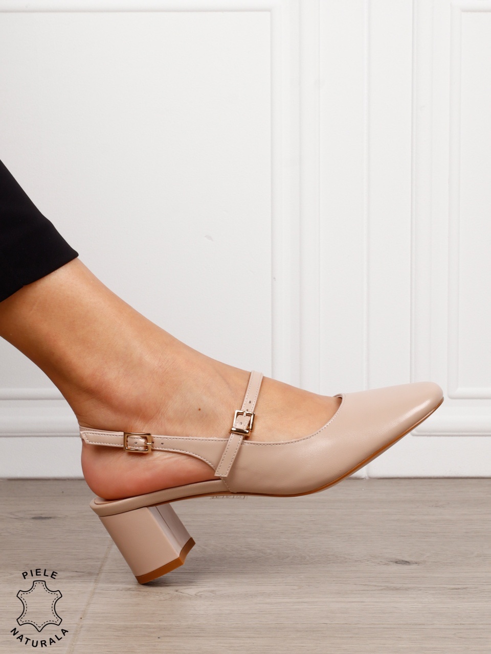 Pantofi dama eleganti cu toc gros si inchidere dubla CRL1608 BEJ