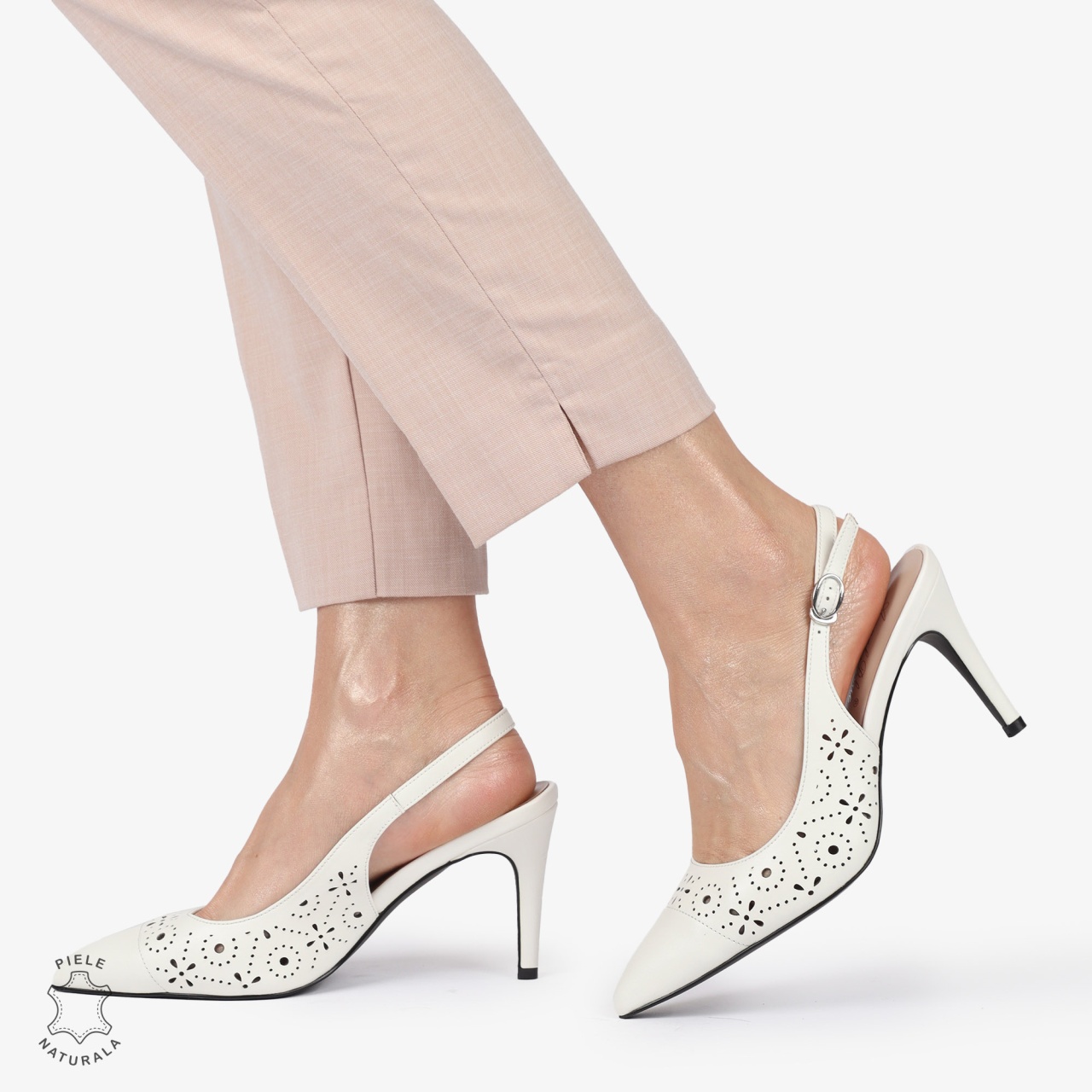 PANTOFI ELEGANTI dama din Piele Naturala CU TOC SUBTIRE SI INALT CRL1399 ALB