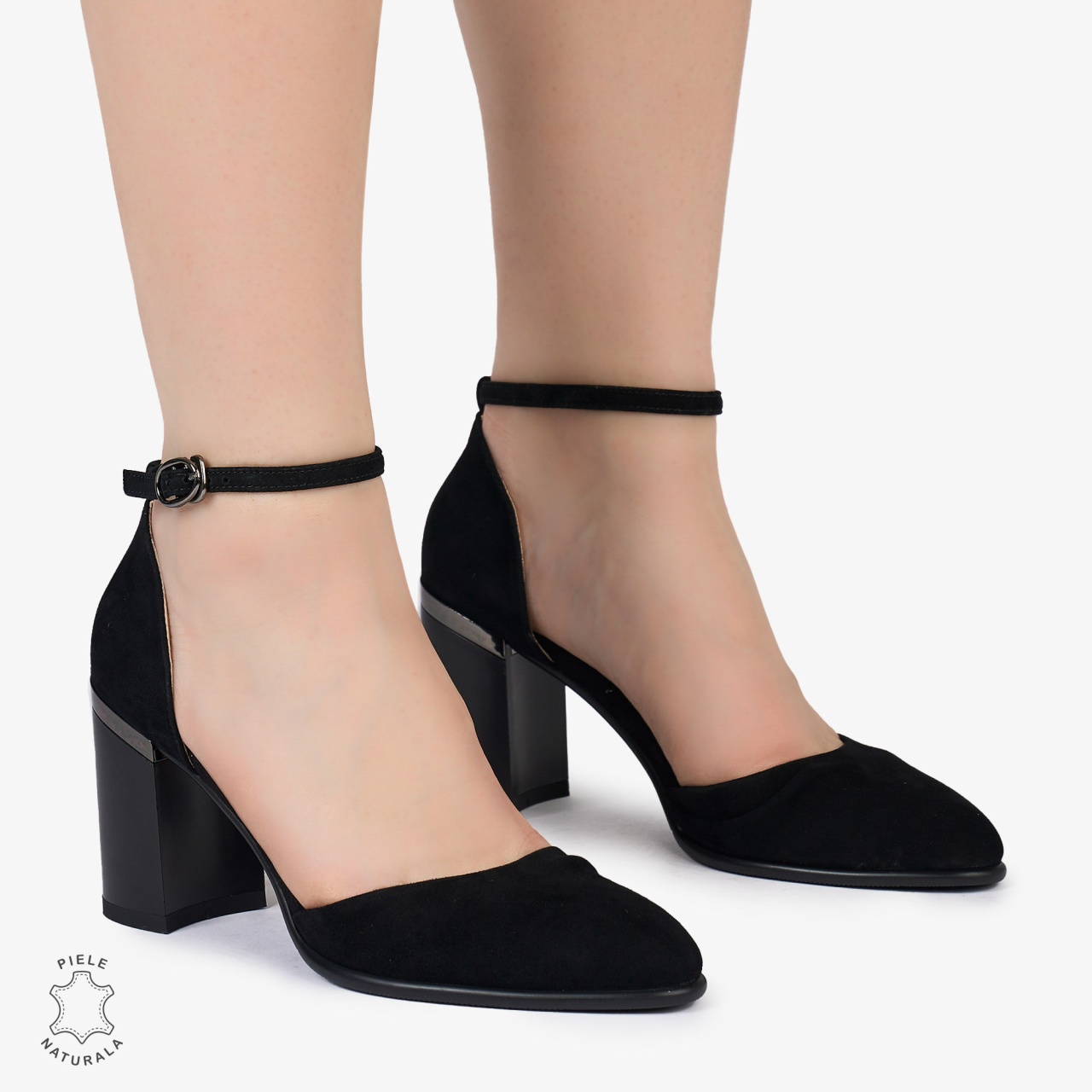 PANTOFI ELEGANTI dama din Piele Naturala INTOARSA CU TOC GROS CRL0997 NEGRU