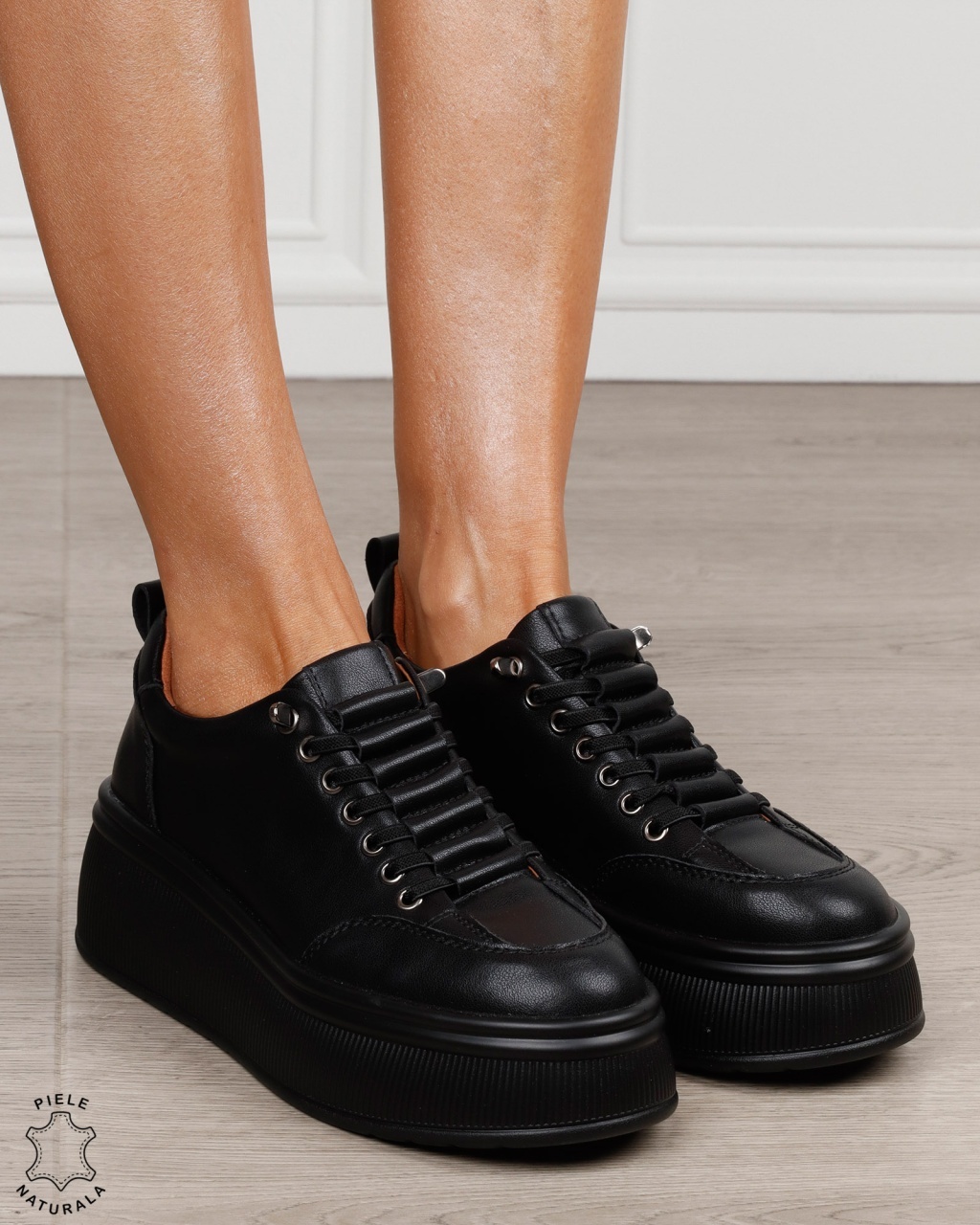 Pantofi sport damă din piele naturală cu șiret special CRL1880 NEGRU