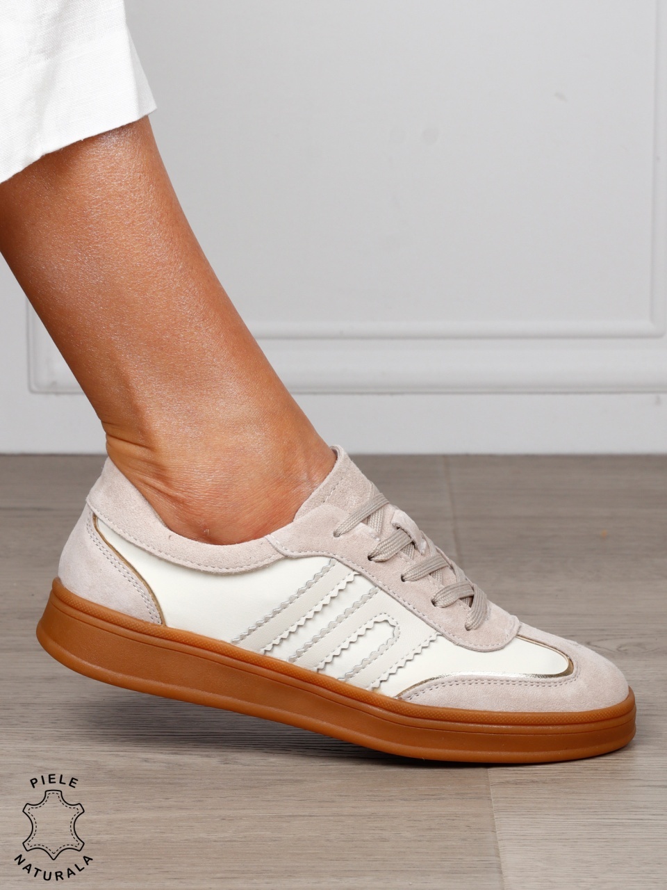 Pantofi sport damă din piele naturală întoarsă si material textil lateral CRL1566 BEJ