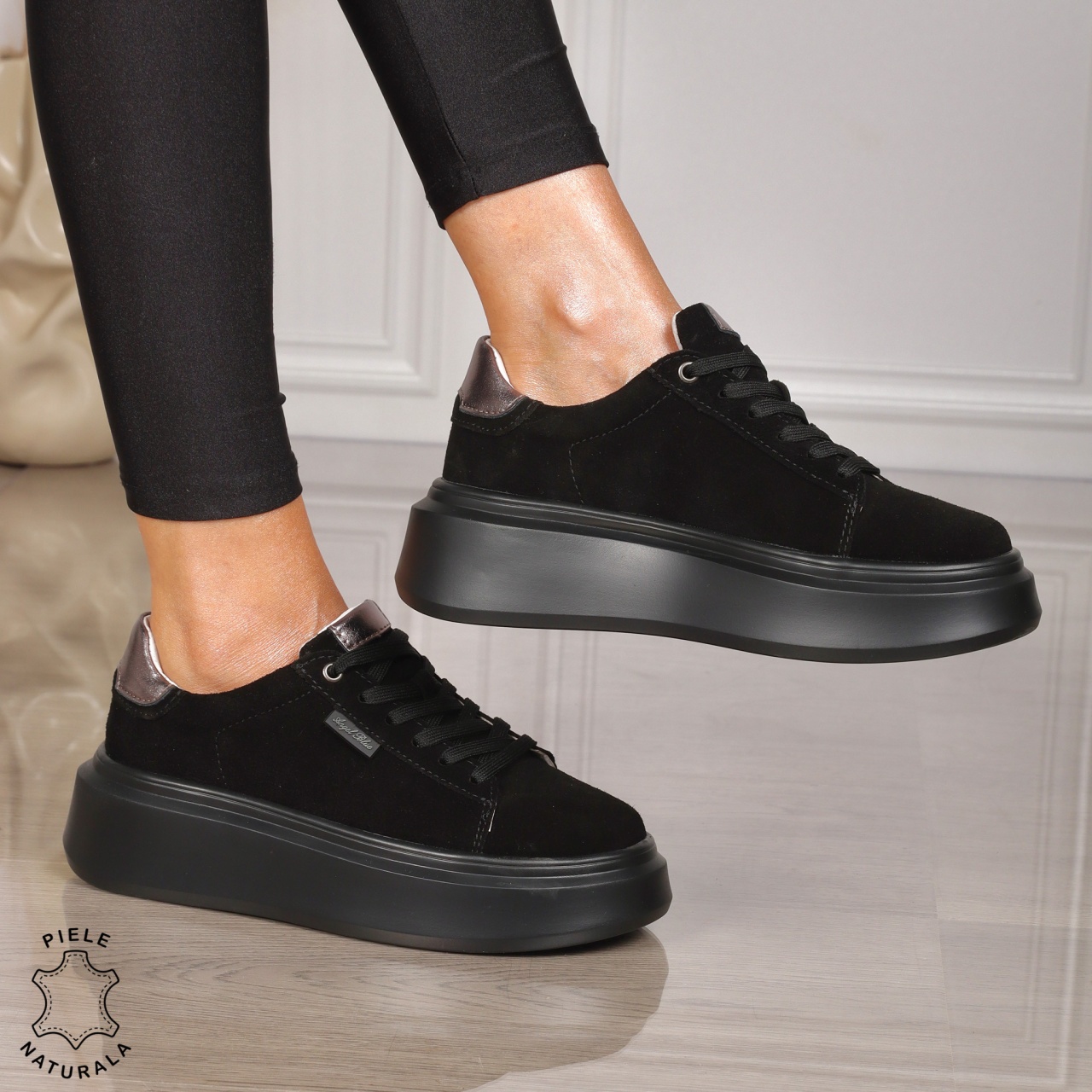 Pantofi sport damă robusti din piele naturală CRL1451 NEGRU