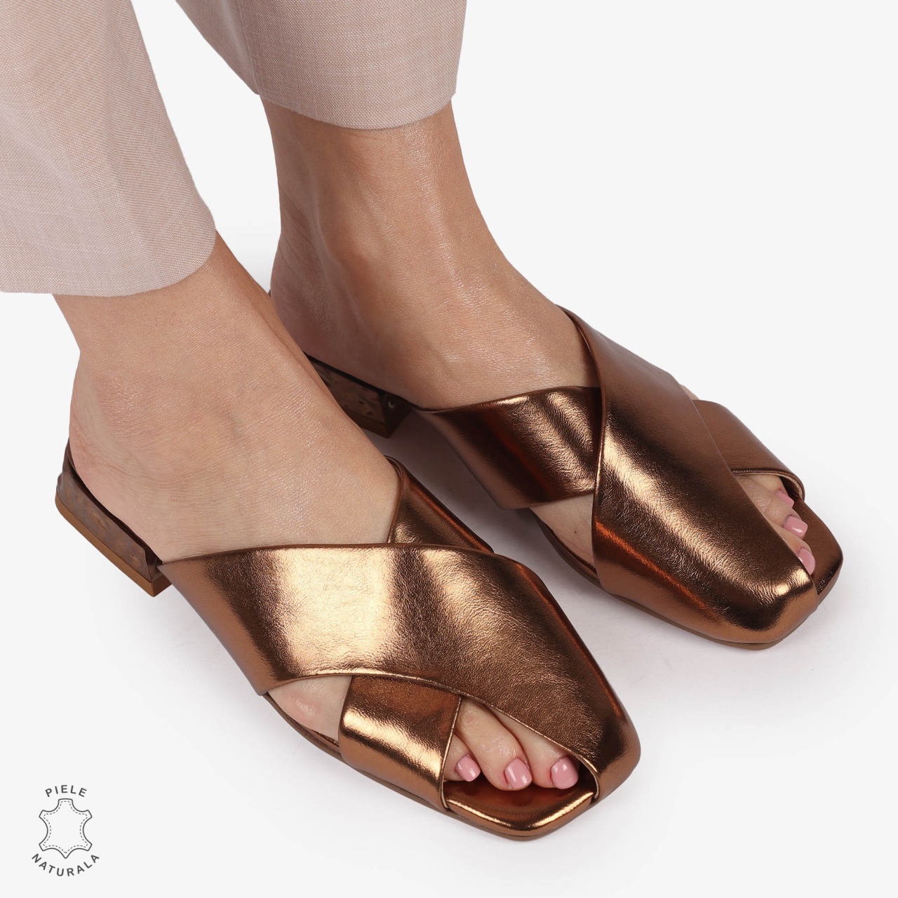 PAPUCI Dama Piele Naturala CU MODEL PE TOC CRL1395 BRONZ