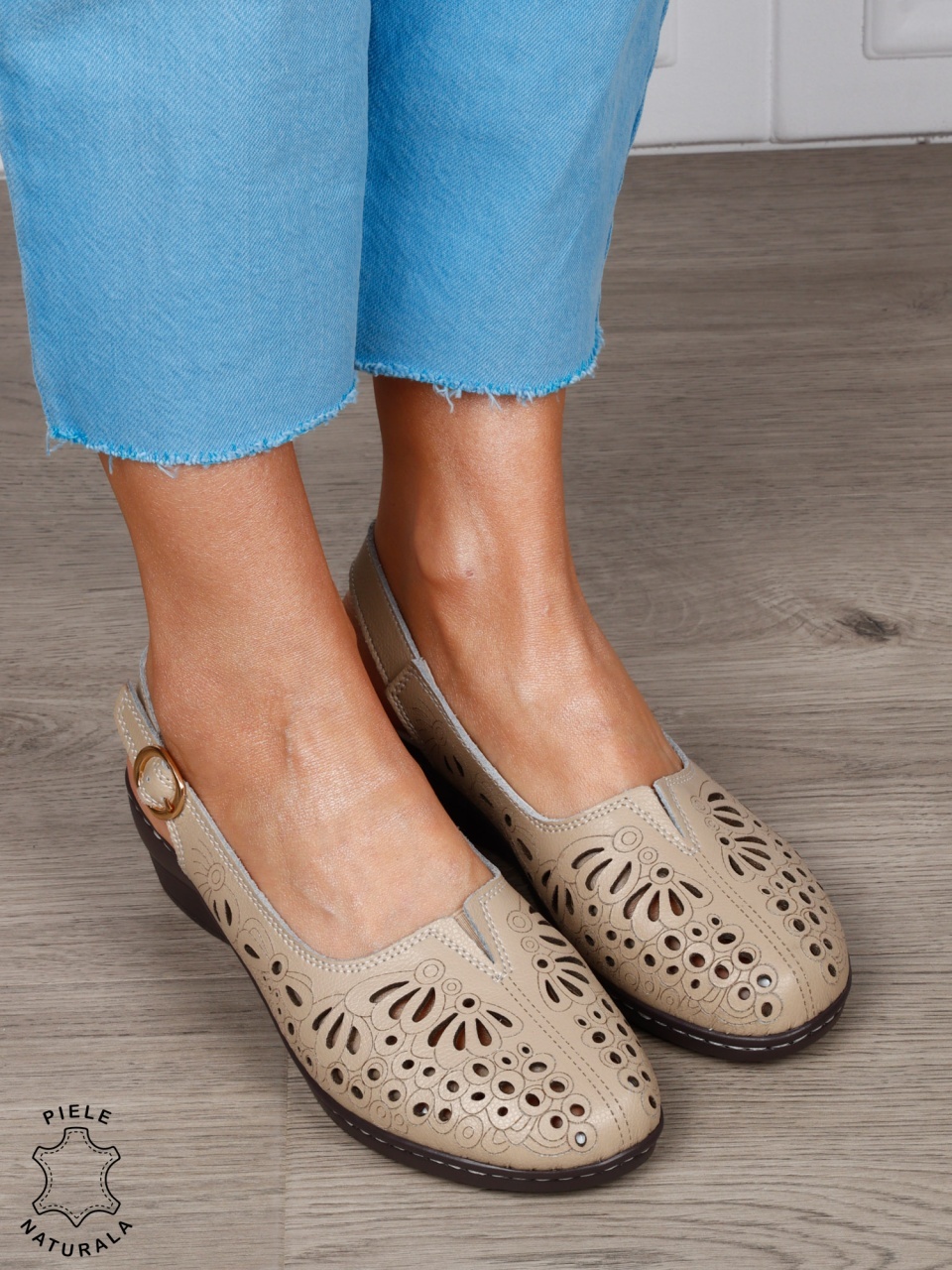 Sandale Damă din Piele Naturală cu Design Floral și Bareta Reglabilă CRL1265 KHAKI