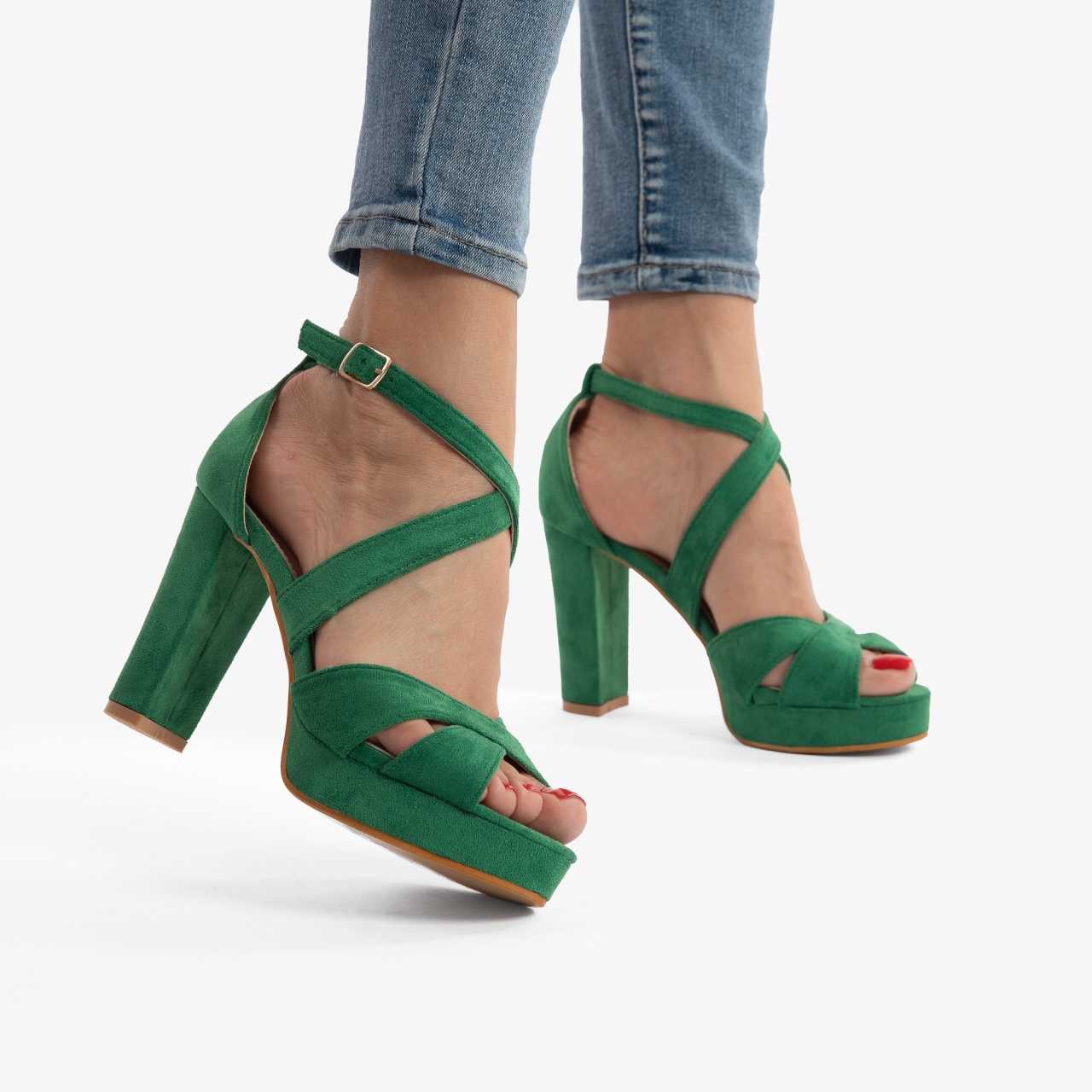 SANDALE DIN PIELE ECOLOGICA Intoarsa cu Toc Gros CRL0755 VERDE