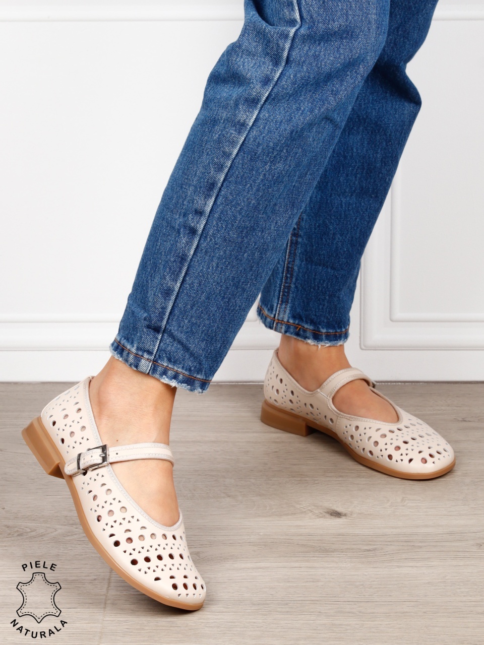 Balerini dama din piele naturala cu barete SI DESIGN UNIC CRL1629 OFFWHITE