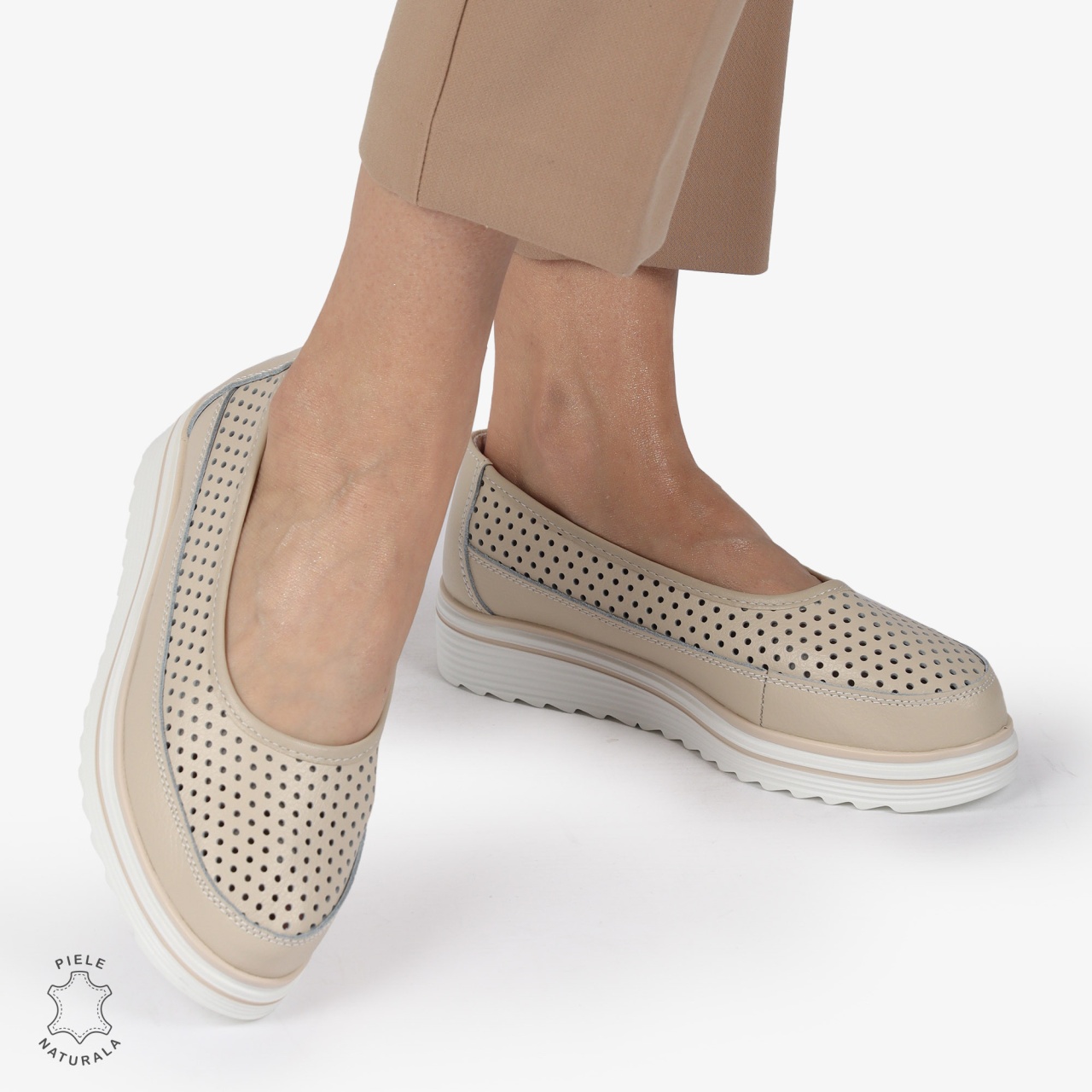 Balerini dama din Piele Naturala cu talpa groasa CRL0172 BEJ