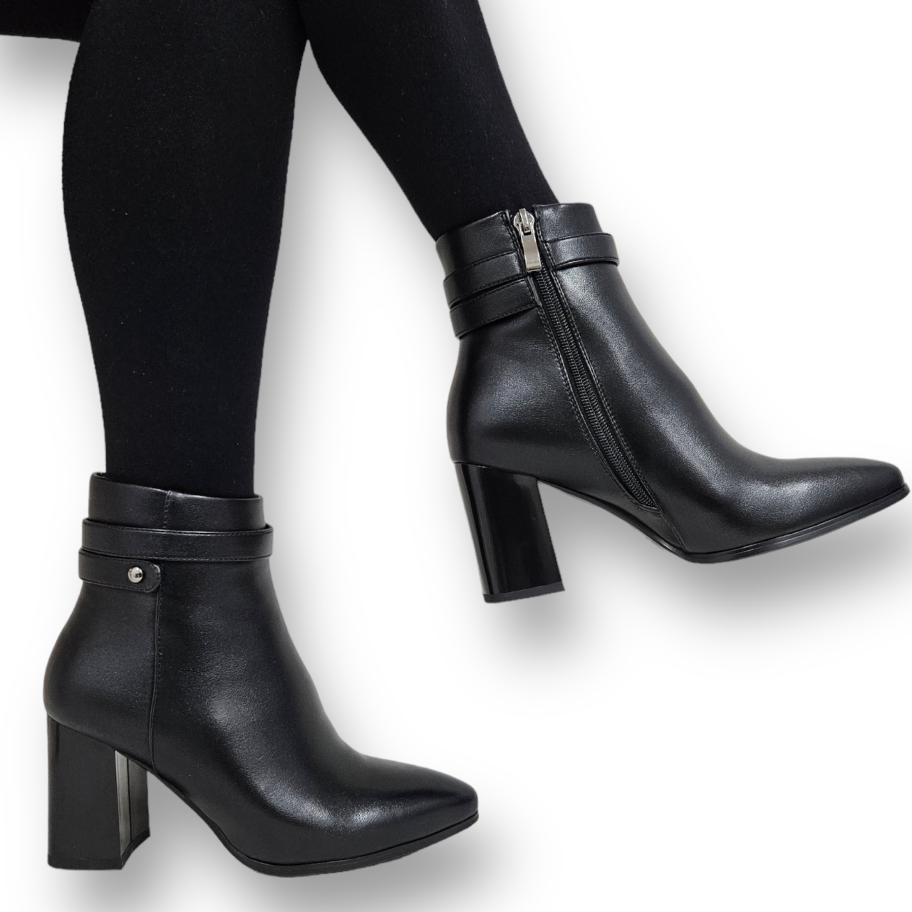 Botine DAMA din PIELE Ecologica cu FERMOAR si Catarama CRL0926 CULOARE: Negru