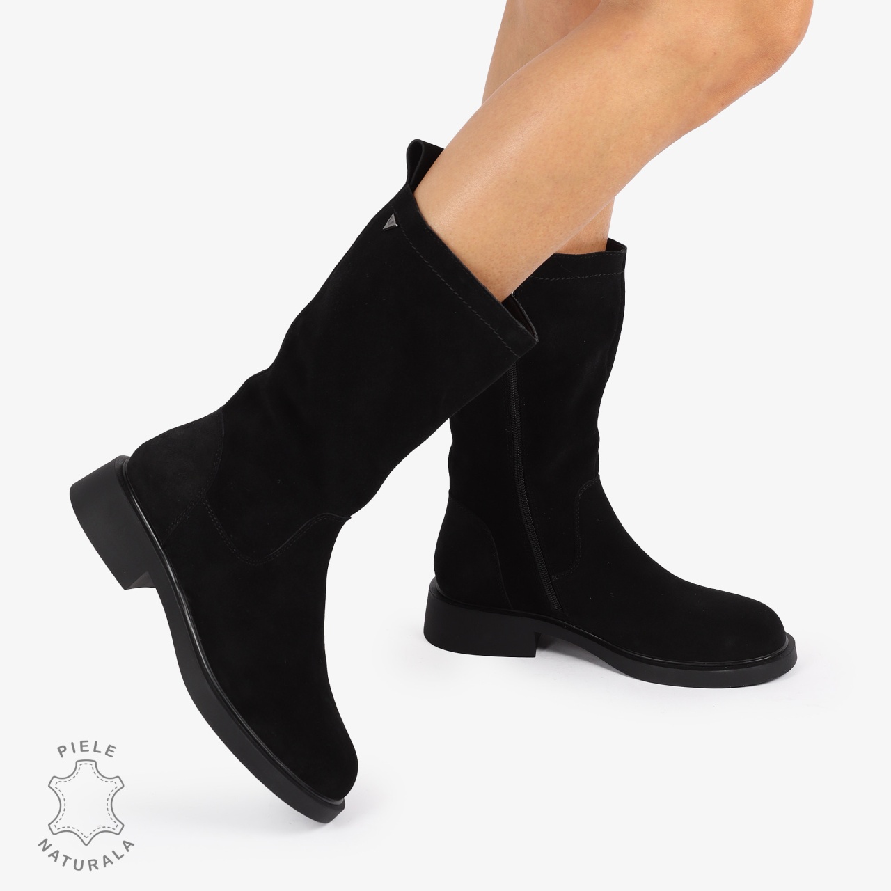 Cizme Damă din Piele Naturală Intoarsa Inalte cu inchidere fermoar CRL1252 NEGRU