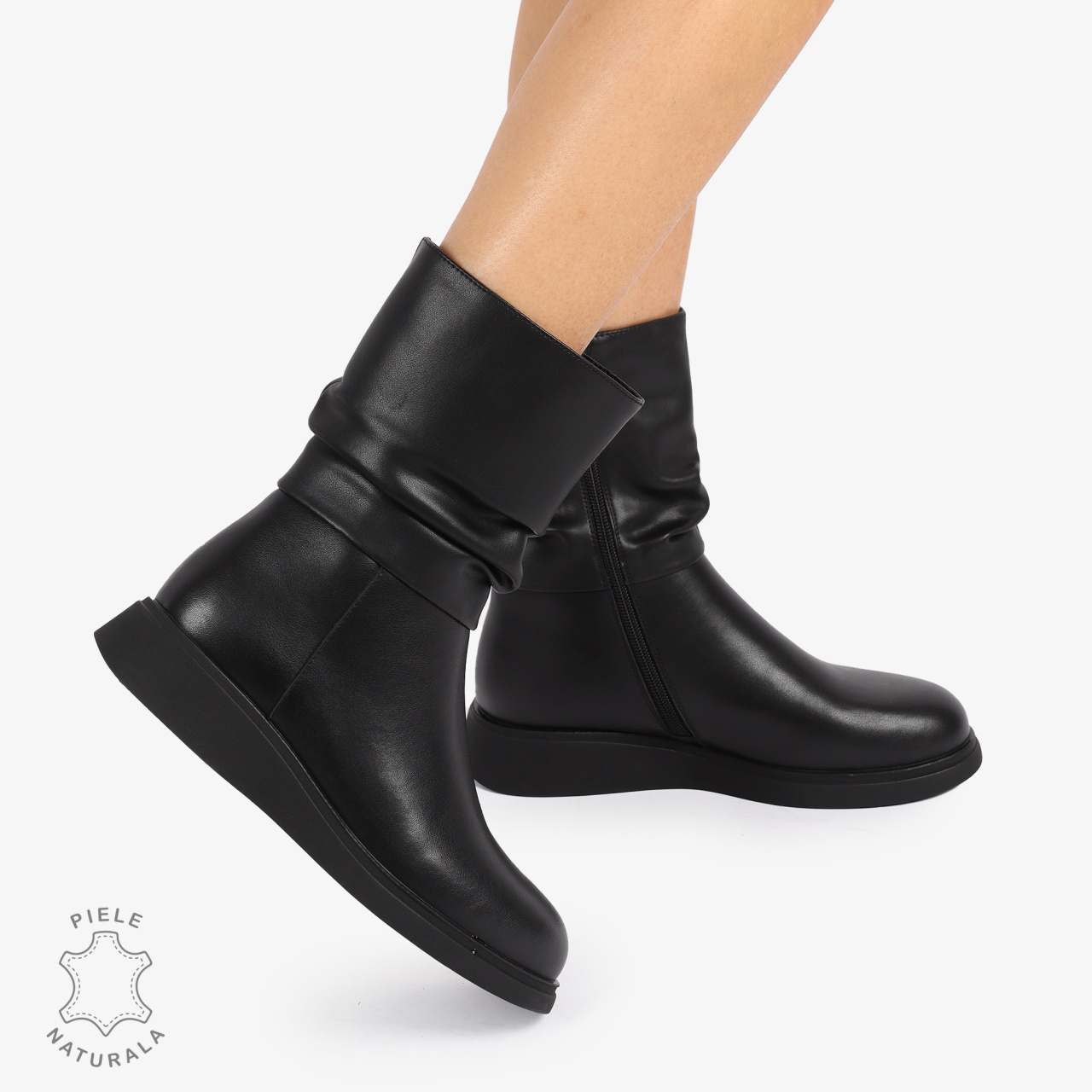 Cizme dama piele naturala scurte cu talpa plata si Detaliu Lateral CRL1256 NEGRU