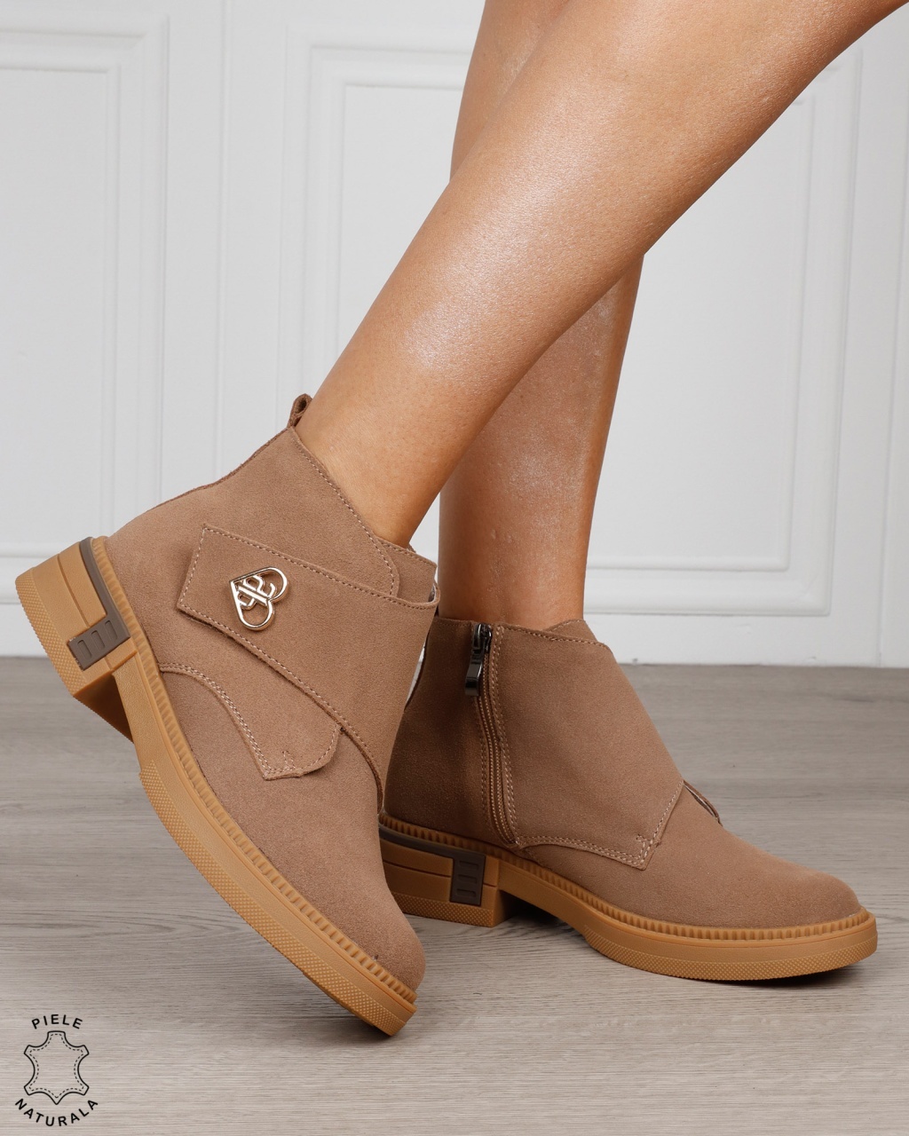 Ghete damă casual din piele întoarsă cu baretă și cataramă laterală CRL1888 KHAKI