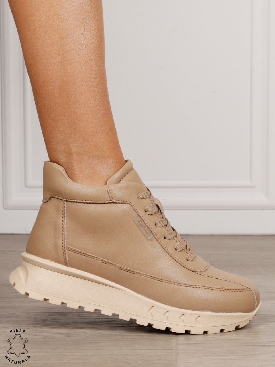 Ghete damă din piele naturală cu șireturi si fermoar CRL1851 KHAKI