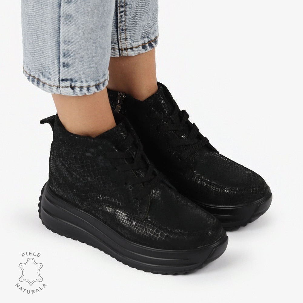 GHETE DAMA piele naturala INTOARSA cu IMPRIMEU SARPE CRL1309 Negru