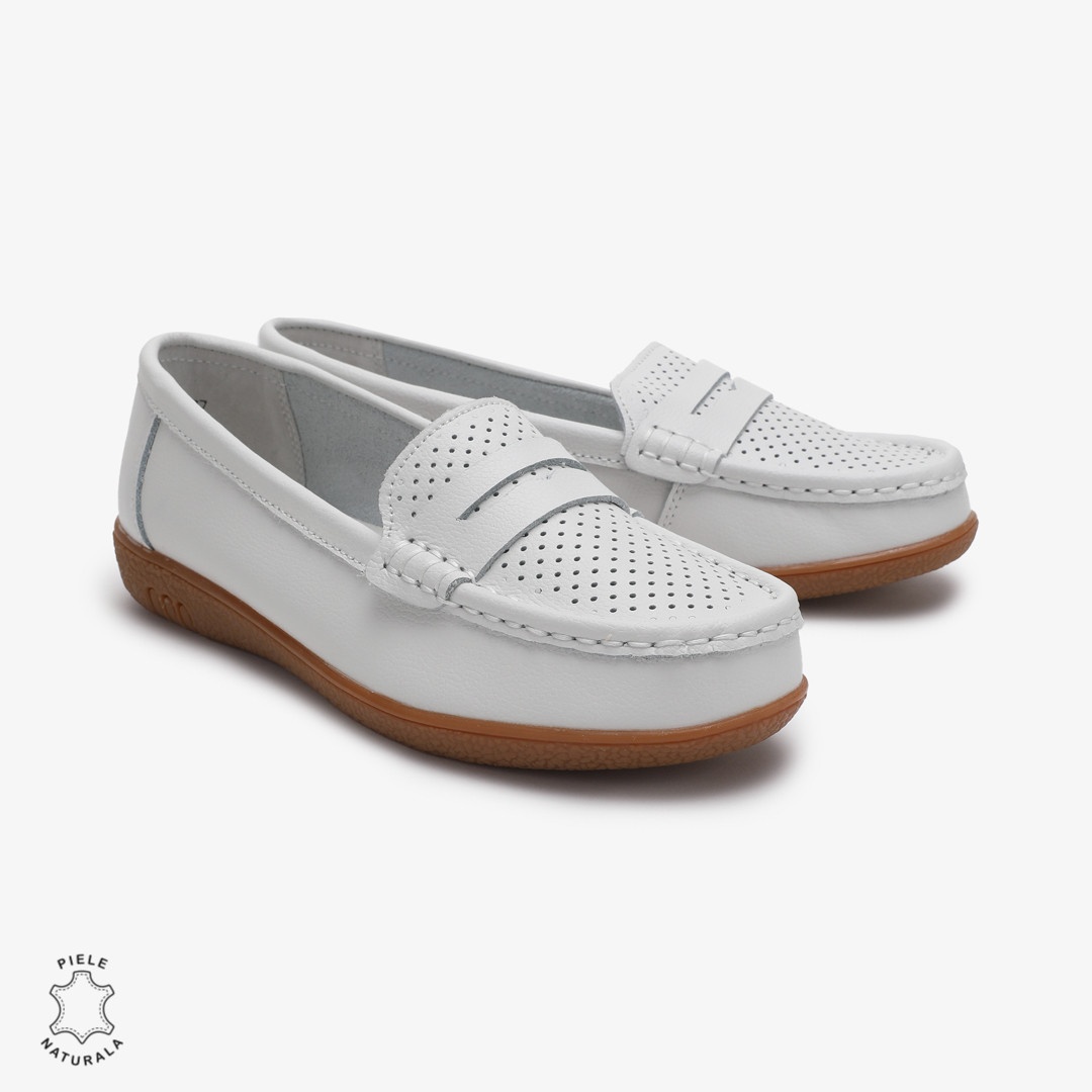 Mocasini dama din Piele Naturala CRL0712 ALB