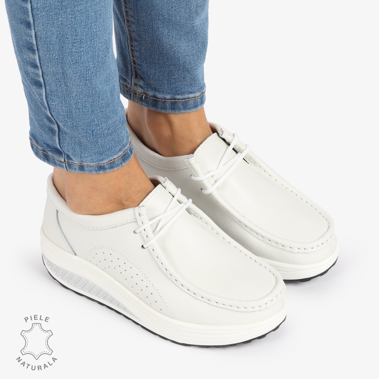 Mocasini dama din Piele Naturala CRL1219 ALB