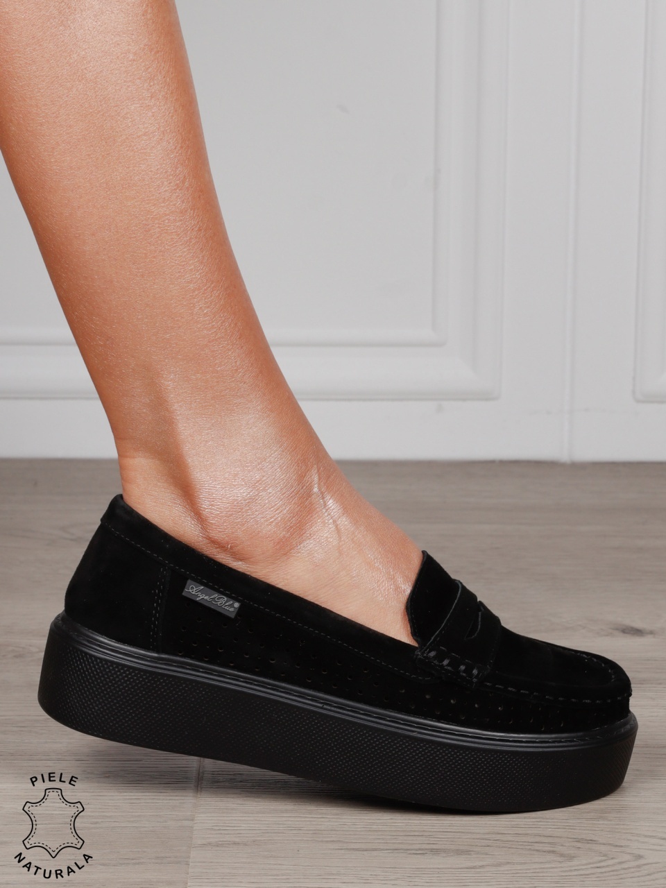 MOCASINI damă din piele naturală intoarsa cu talpa inalta CRL1580 NEGRU