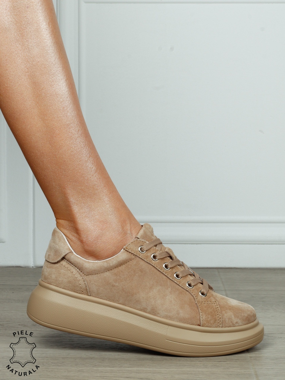 Pantofi Casual Damă din Piele Întoarsă Naturală cu Șiret CRL1802 KHAKI SUEDE