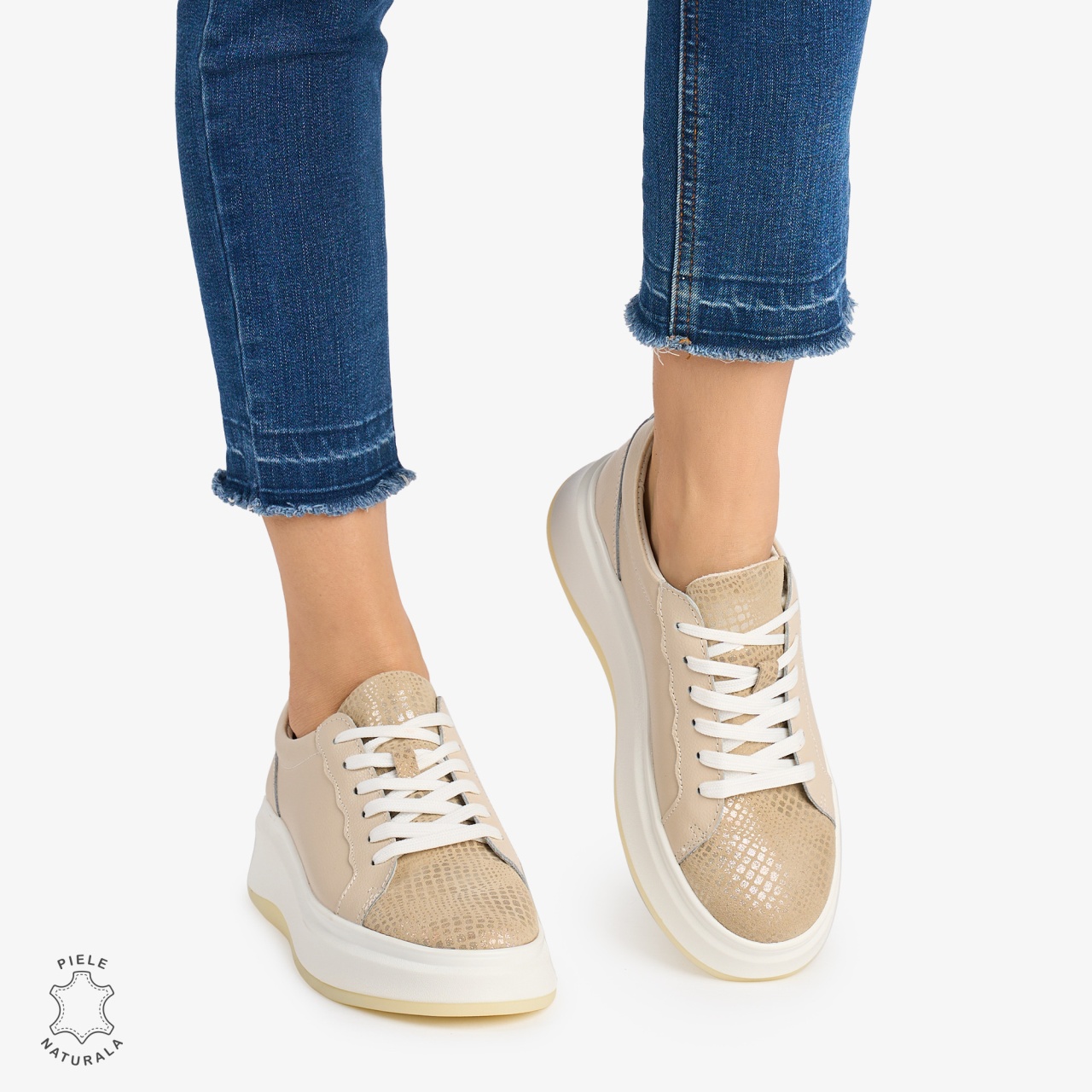 Pantofi Casual DAMA din PIELE Naturala CRL0947 CULOARE: BEJ SI AURIU