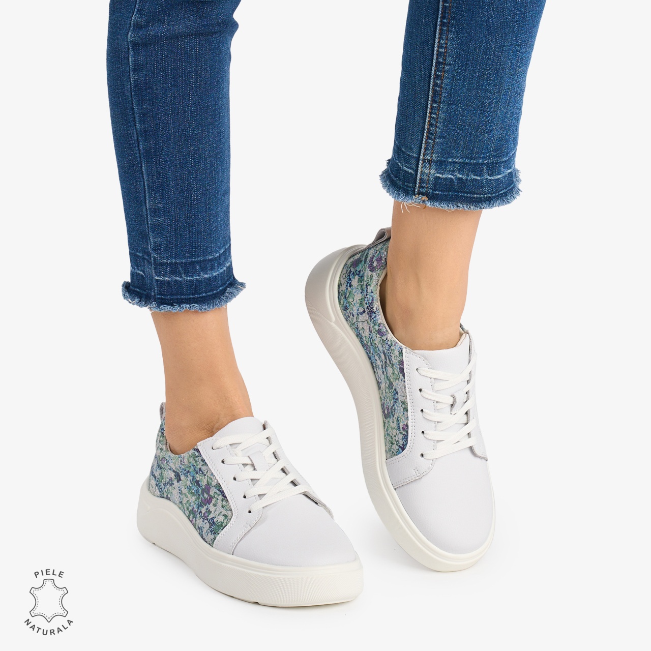 Pantofi Casual DAMA din PIELE Naturala cu imprimeu floral albastru CRL0949 CULOARE: Albastru