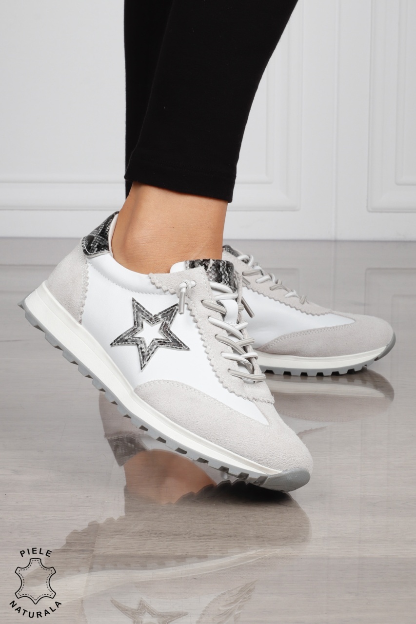 Pantofi Casual DAMA din PIELE Naturala cu model Stea Laterala CRL1530 ALB+GRI