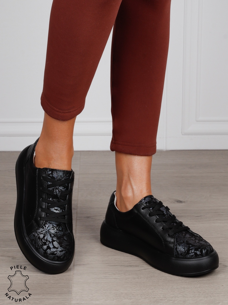 Pantofi Casual damă din piele naturală cu talpa inalta CRL1571 NEGRU