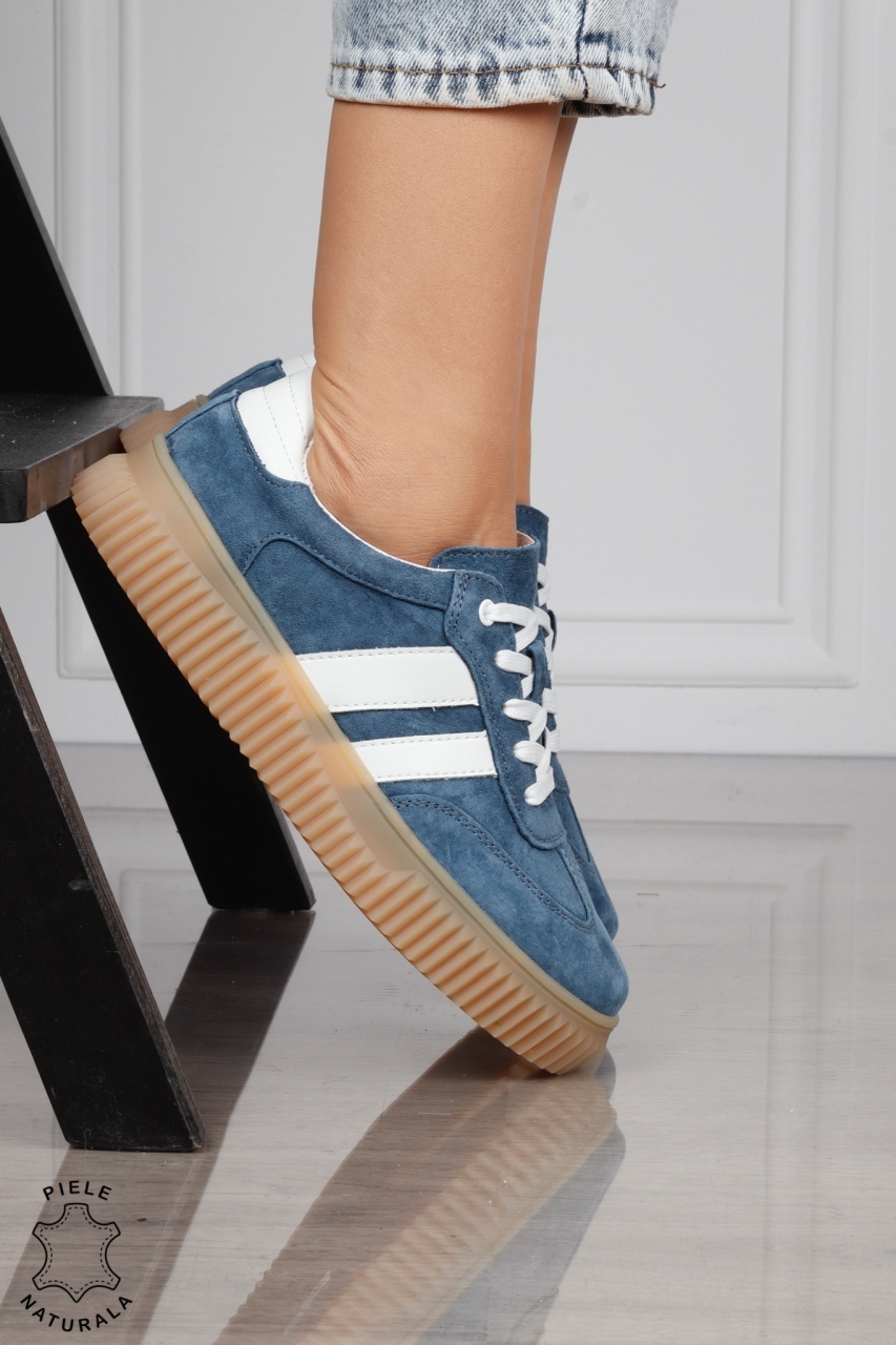 Pantofi Casual DAMA din Piele Naturala intoarsa, Model Retro CRL1531ALBASTRU