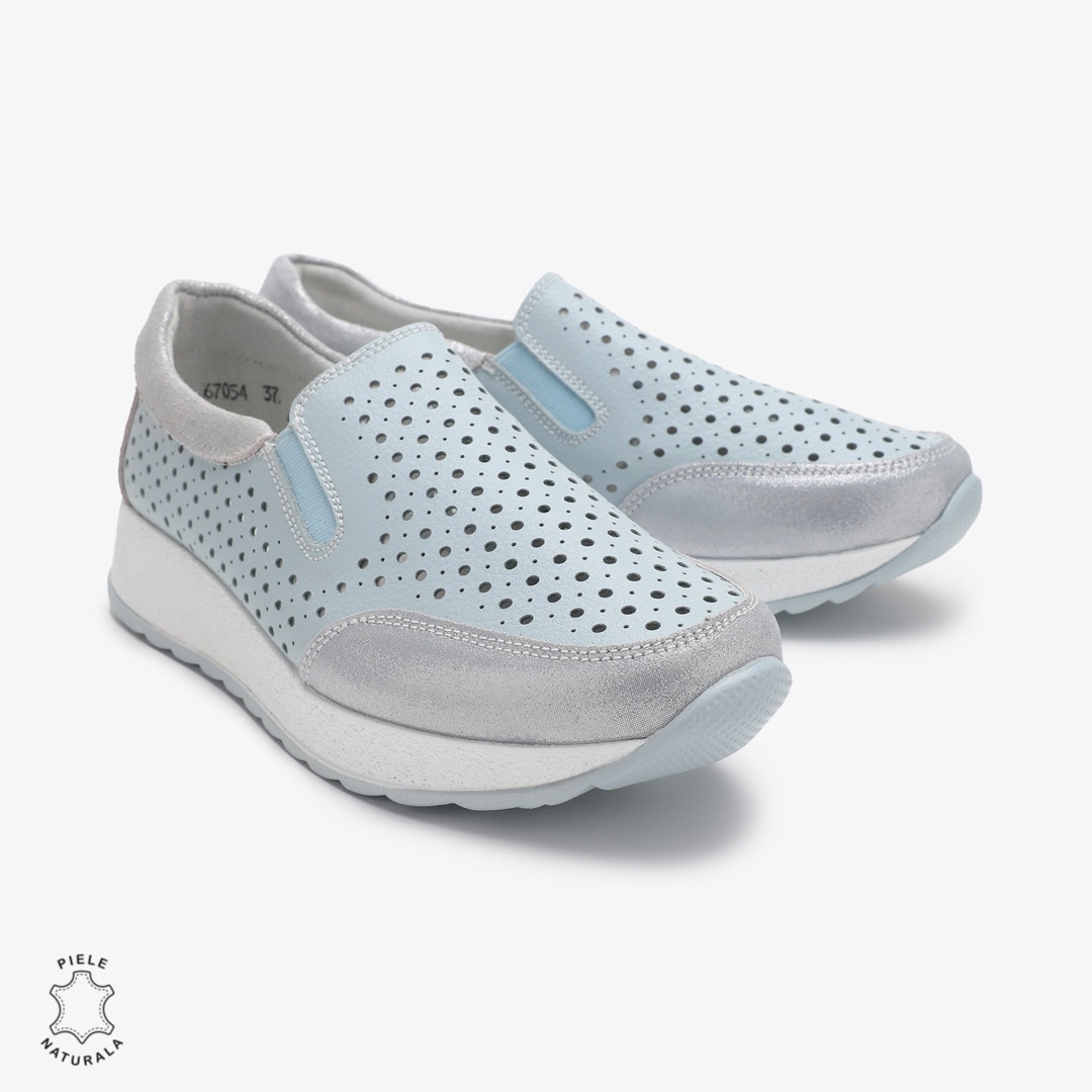 Pantofi Casual dama din Piele Naturala Perforati CRL0711 ALBASTRU