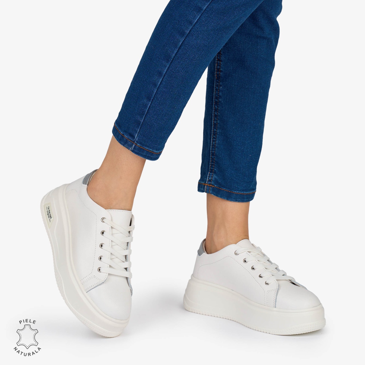 PANTOFI CASUAL Dama Piele Naturala CRL1054 Culoare: ALB CU ARGINTIU
