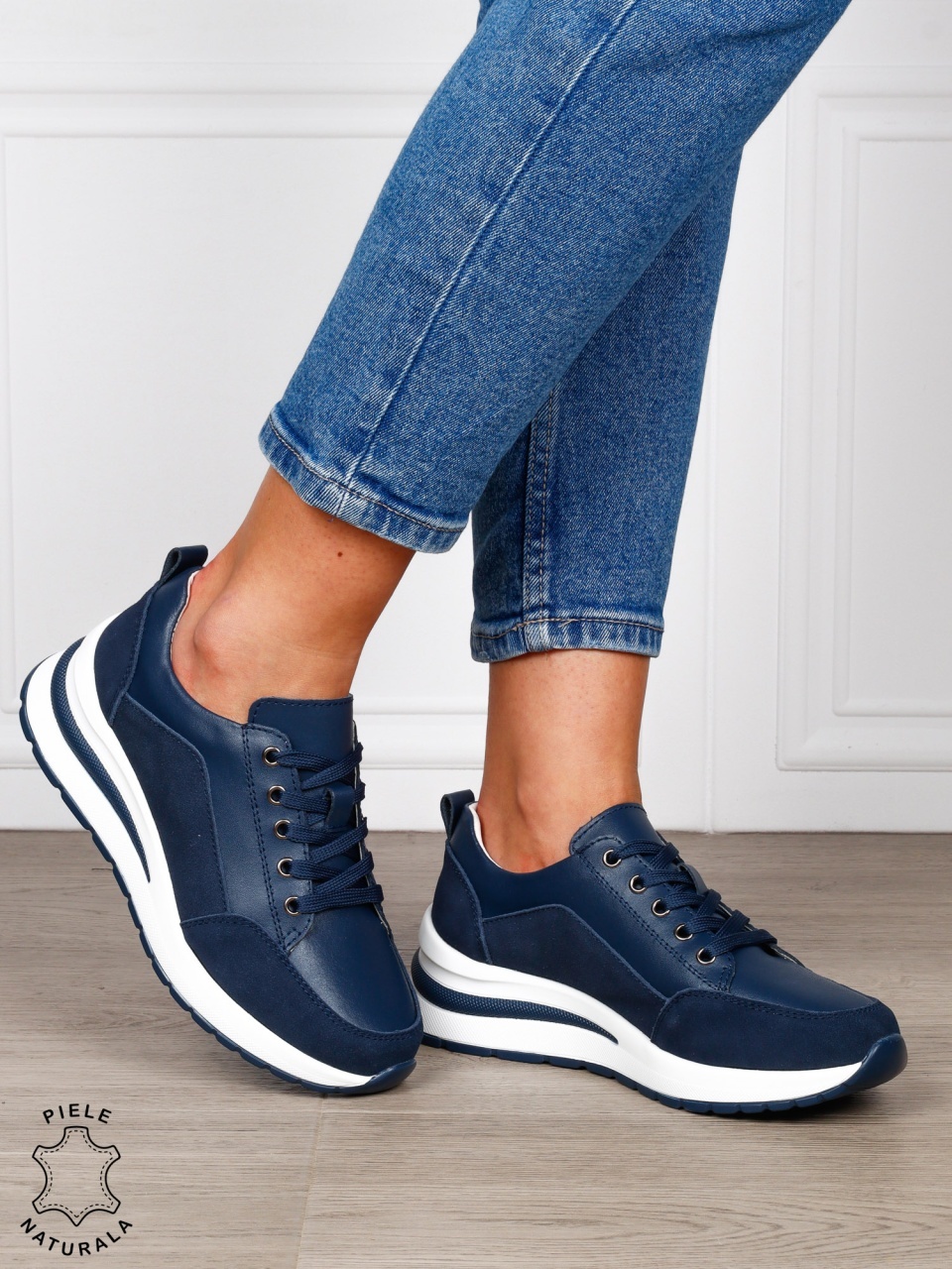 PANTOFI CASUAL Dama Piele Naturala cu siret CRL1593 NAVY