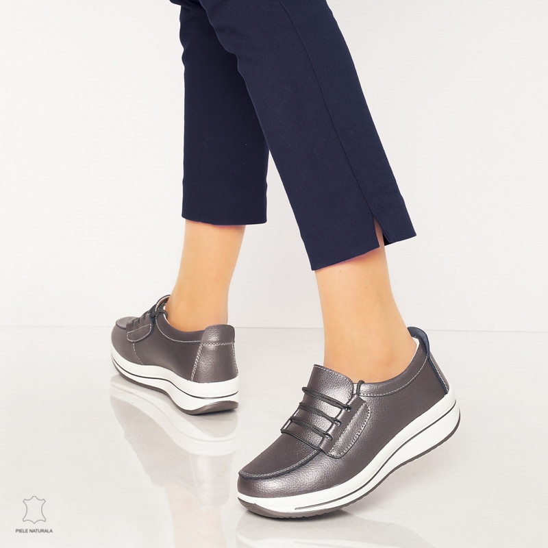 Pantofi casual de dama din piele naturala cu talpa groasa CRL0005 Pewter