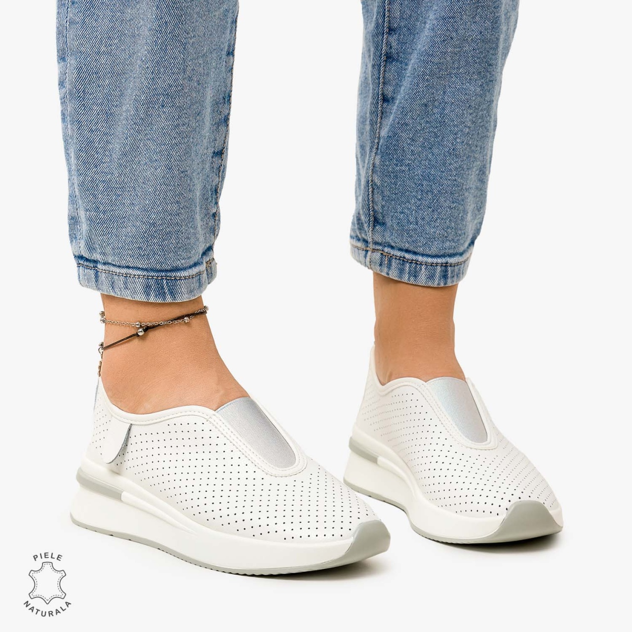 Pantofi Casual de dama din Piele Naturala PERFORATA CU ELASTIC CRL1200 ALB